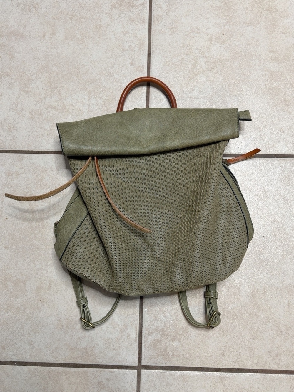 ChillX Olive Green Textured Vegan Leather Roll Top Backpack